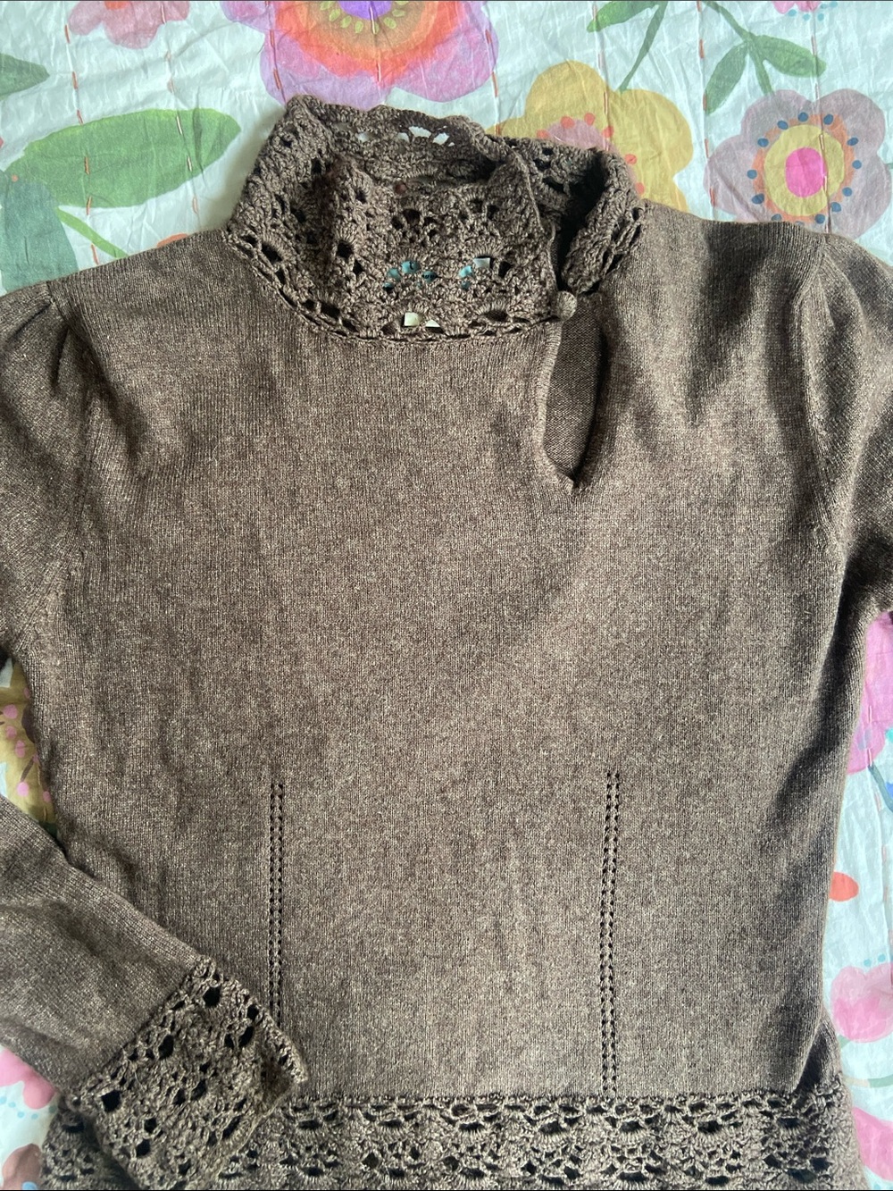 Vintage Y2k Chocolate Brown Lace-Trim Cashmere Sweater M - Picture 2 of 11
